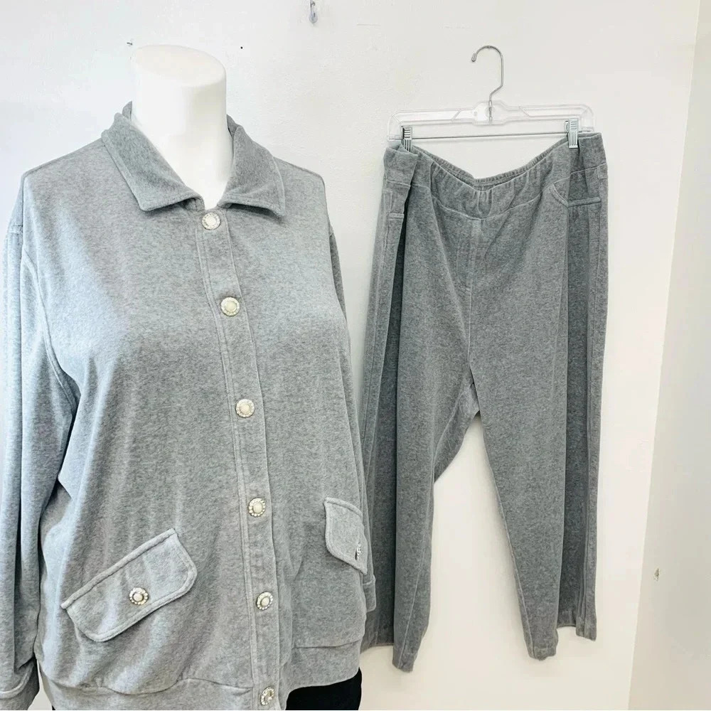 Velour Outfit 2X Woman Pull On Pants Pockets Jacket Button Up Athleisure FLAW